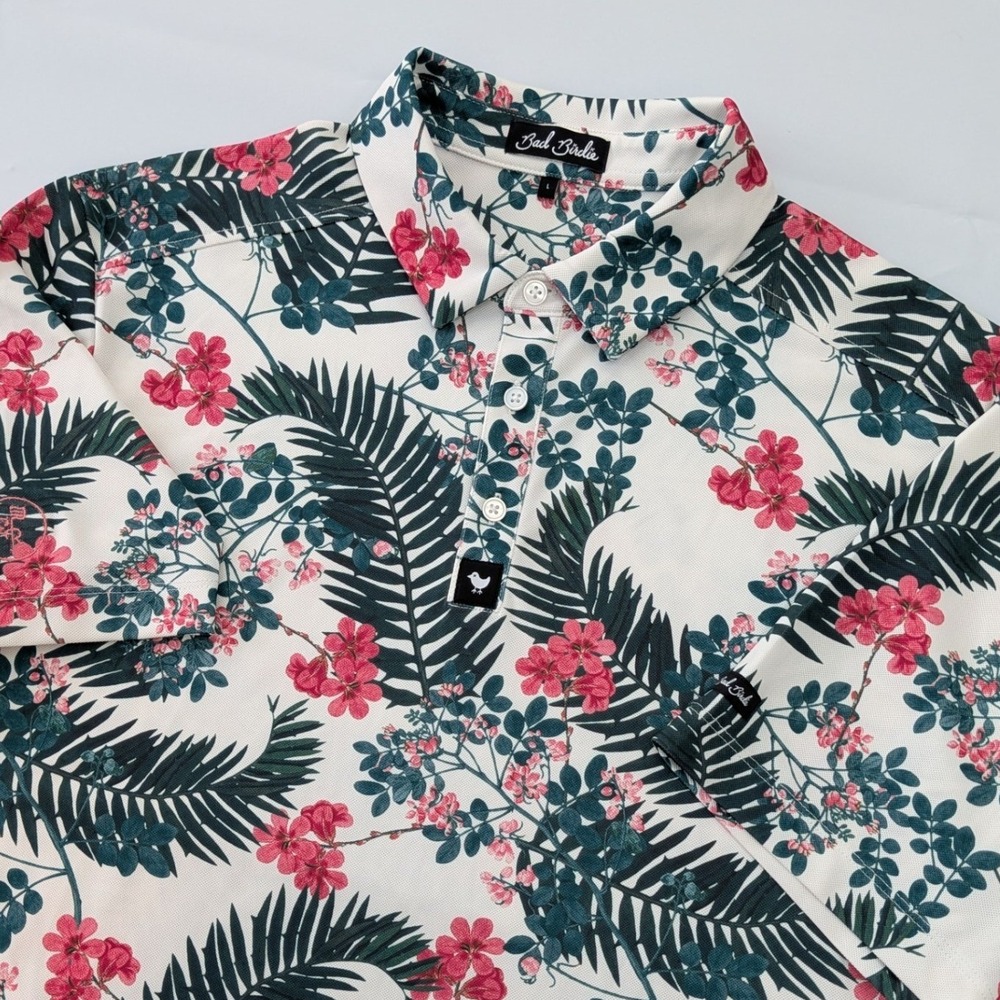 Bad Birdie Mens Large Tropical Floral Golf Polo Shirt White Pink Stretch
